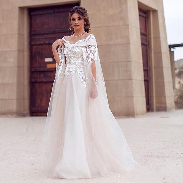 Arabic Dubai Lace Cape Style Wedding Dresses Bridal Gowns Bateau Neck 3D Flower Lace Maternity Destination A Line Custom Made