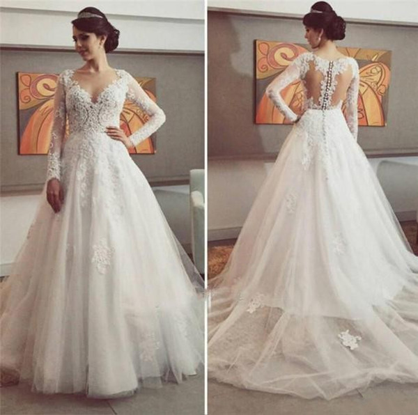 Vestidos De Novias Baratos Fall Winter A-line Wedding Dresses Long Sleeves Tulle Appliques Lace Vintage Bridal Gowns For Women