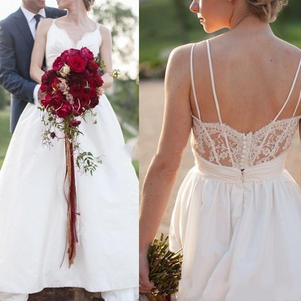 Taffeta Boho Country Wedding Dresses Lace Applique V Neck Straps Outdoor Bridal Gowns With Low Back Floor Length Cheap Plus Size