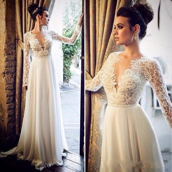 Fall Elegant A Line Wedding Dresses Sexy Deep V Neck With Long Sleeves Sexy Lace Bodies Wedding Gowns Bridal Growns