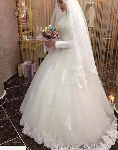 Modest Muslim Wedding Dress Turkish Gelinlik Lace Applique floor length Islamic Bridal Dresses high neck Long Sleeve Wedding Gowns