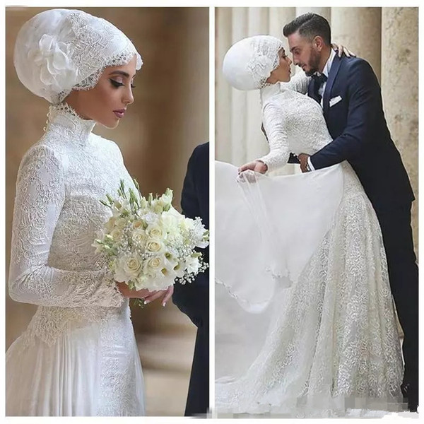 Modest Muslim Wedding Dress Turkish Gelinlik Lace Applique floor length Islamic Bridal Dresses Hijab Long Sleeve Wedding Gowns