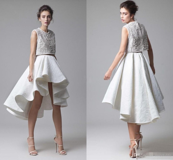 Krikor Jabotian Two Pieces Lace Wedding Dresses Bridal Gowns Crop Top Jewel Sleeveless High Low Wedding Gowns Short A-Line Beach