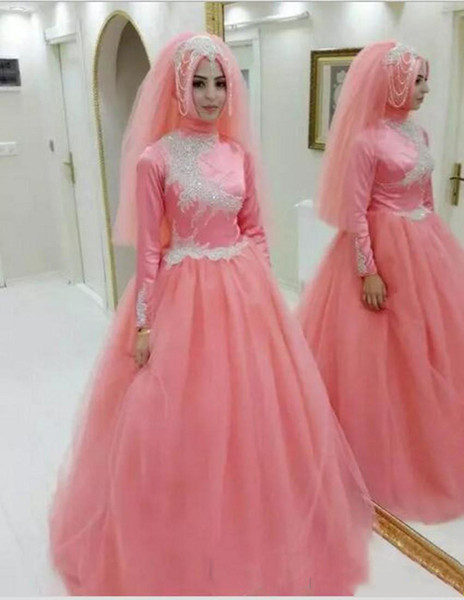 Arabic pink Muslim Wedding Dress Turkish Gelinlik Lace Applique high neck Islamic Bridal Dresses cheap Long Sleeve Wedding Gowns