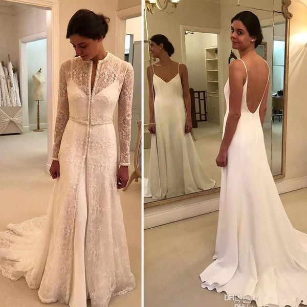 Graceful A line sheath Wedding Dresses with Lace Jacket long sleeve Backless matte satin Bridal Gown Two Piece Country Bridal Gowns