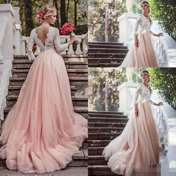 Western Fairy A-Line Wedding Dresses Country Long Sleeves Backless Deep V Neck Lace Blush Tulle Sweepl Train Plus Size Bridal Gowns