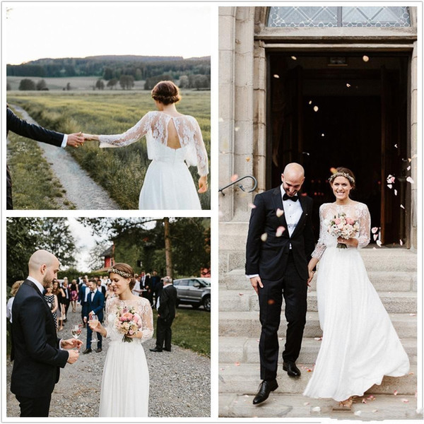 Sarah Seven Vintage Lace Chiffon Country 2016 Wedding Dresses Bridal Gowns with Lace Jacket Long Sleeves Rustic Boho Wedding Gowns