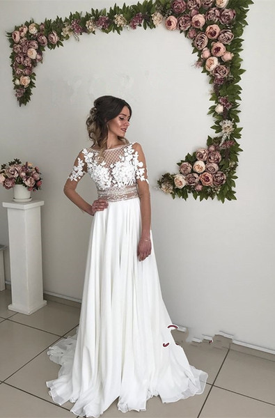 Gorgeous Long Sleeve Wedding Dresses Lace Appliques Chiffon A Line Floor Length Bridal Gowns Plus Size Cheap