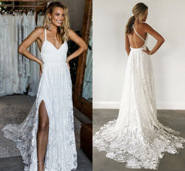 Latest V-neck Lace Beach Wedding Dresses Backless Sweep Train Tulle Lace Plus Size Summer Bridal Gowns Wedding Gowns