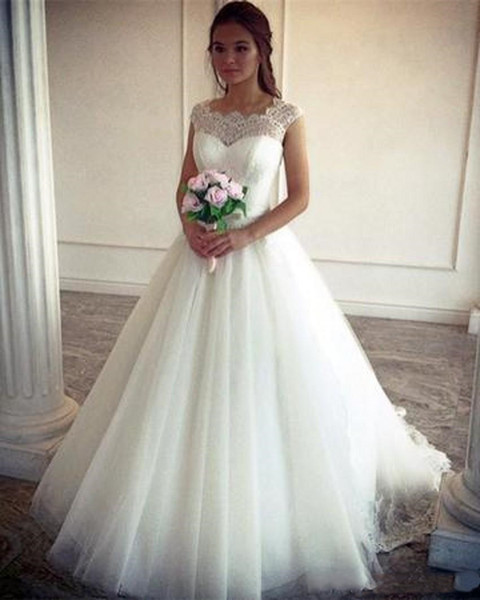 A-line Wedding Dresses Vintage Lace Cap Sleeves Tulle Princess Simple A-Line Floor-Length Wedding Gowns Custom Made