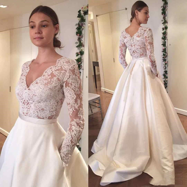 A-line Wedding Dresses Long Sleeve Lace Applique V-neck With Pockets Bridal Gowns Plus Size Satin Country Style Boho Wedding Dress