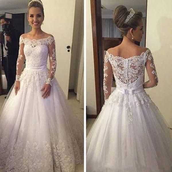 A Line Wedding Dresses Lace Appliqued Off Shoulder Long Sleeves Bow Sash Buttons Back Bridal Gowns Top Quality