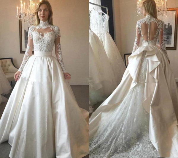 New Arrival A Line Wedding Dresses High Neck Illusion Long Sleeves Satin Lace Appliques Sheer Back Sweep Train Plus Size Bridal Gowns