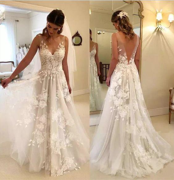 Spring A-Line V-back V-back Tulle Applique Sleeveless Floor Length Plus Size Bridal Wedding Gowns 