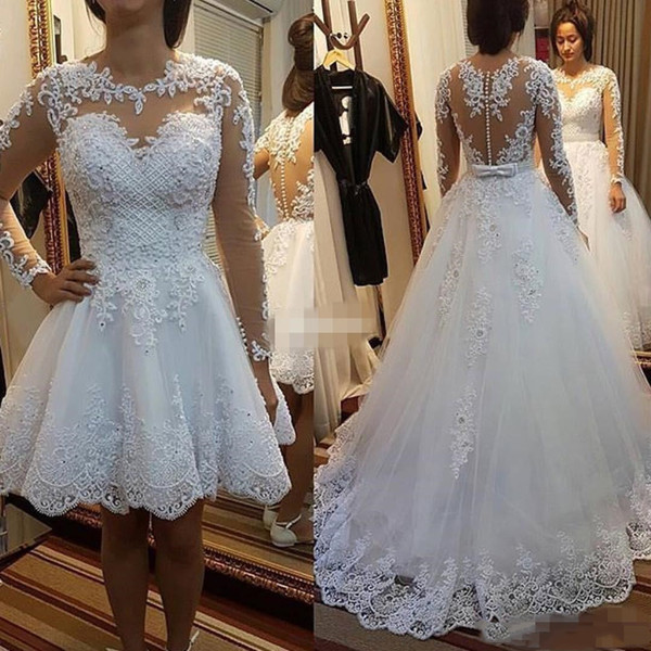 Two Pieces High Quality Wedding Dresses Long Sleeve Full Lace Pearls Appliqued Buttons A-Line Bridal Gowns for Wedding