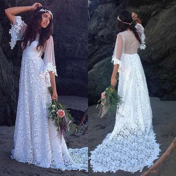 Cheap Simple Bohemian Beach Wedding Dresses Country half Long Sleeves Real lace illusion Boho Hippie Western Bridal Gowns plus size