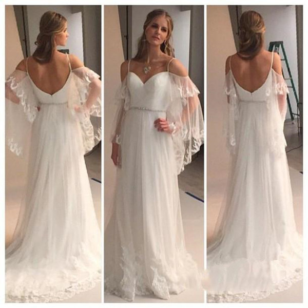 Summer Chiffon Greek Boho Wedding Dresses ruffles lace Poet sleeves Bohemian Bridal Gowns spaghetti straps country backless beach gowns