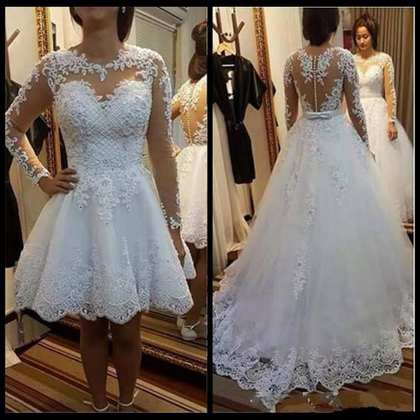 Knee length Detachable Skirt Wedding Dresses Illusion Long Sleeve short Bridal Gowns with Lace Appliques custom made