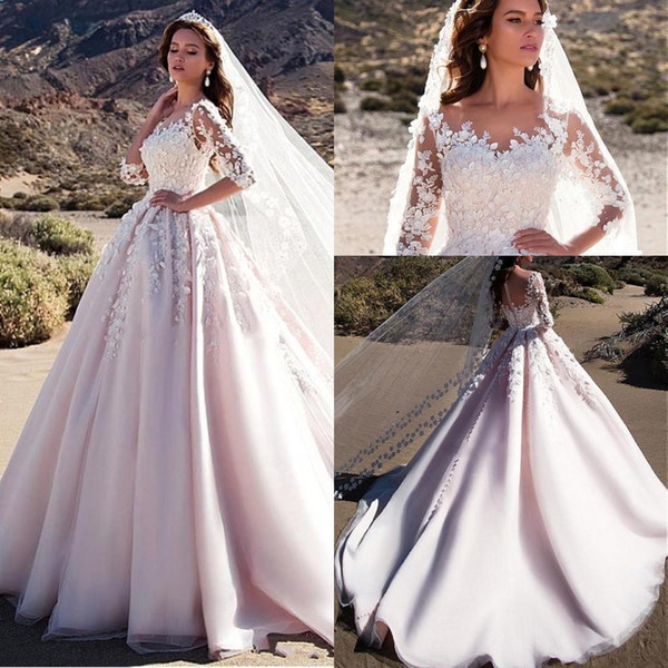 New A Line Wedding Dresses Sheer Neck 3/4 Long Sleeves Appliques Tulle Satin Saudi Arabic Wedding Gowns Castle Church Bridal Dresses