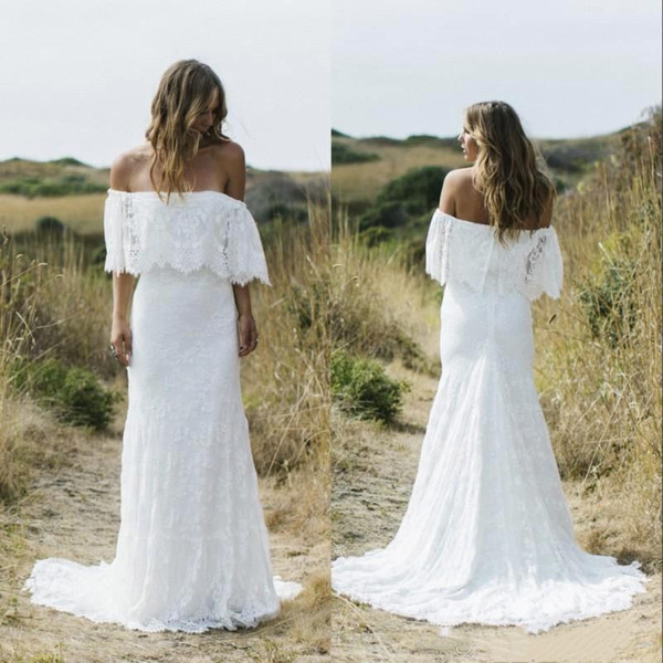 Full Lace Country Boho Mermaid Wedding Dresses Off The Shoulder Sweep Train Short Sleeves Cheap Beach Bohemian Bridal Gowns BC1975