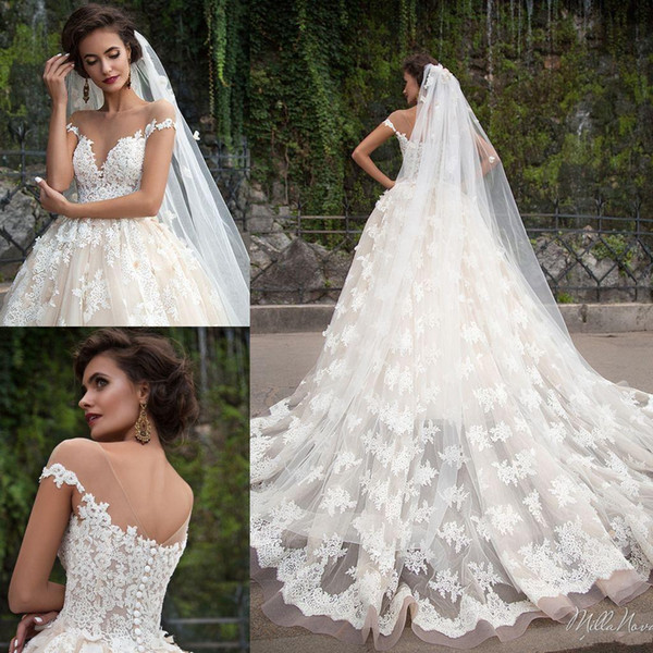 Full Lace Wedding Dresses Sexy Illusion Plunging Neckline Cap Sleeves Backless Appliqued A-Line Bridal Gowns Sweep Train