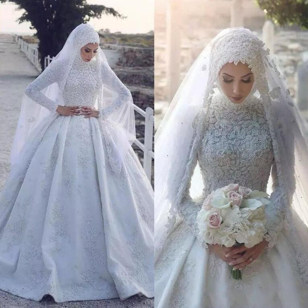 Arabic Muslim Satin Wedding Dresses High Neck Lace Appliqued Long Sleeves Bridal Gowns Ball Gown Custom Made Wedding Gowns