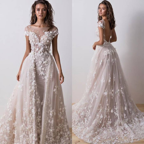 Latest Lace Wedding Dresses Detachable Skirt Sheer Neck Cap Sleeves Bridal Gowns Sexy Backless Wedding Gowns Custom Made