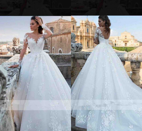 Vestidos Wedding Dresses Modest Sheer Long Sleeve Appliques A Line Bride Wedding Gowns With Lace-up Back