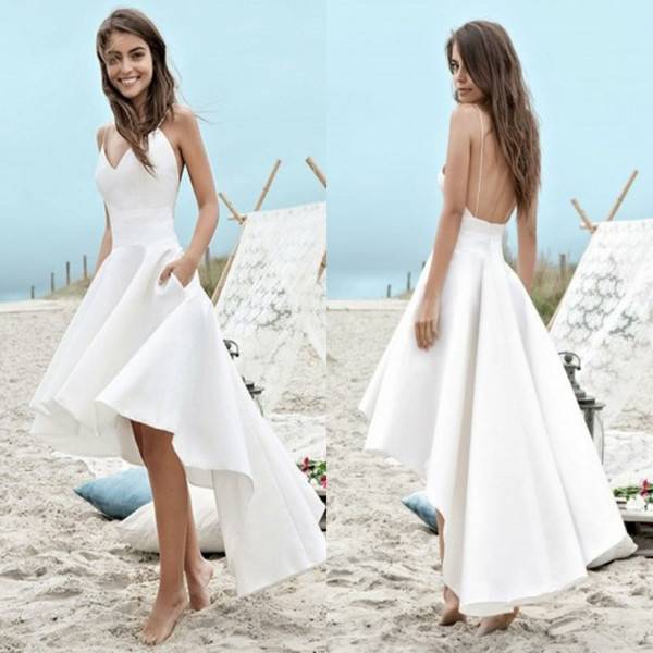 Cheap under $100 Summer Wedding Dresses A Line Beach Boho Bridal Gowns High Low Backless Spaghetti Straps Holiday Gowns