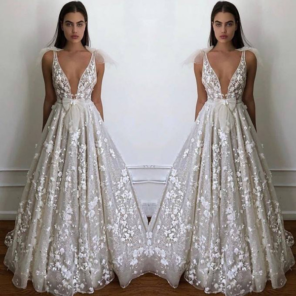 Summer Beach Garden Boho Wedding Dresses A Line Sexy Deep V Neck Appliques Fitted Bow tie Backless Bridal Gowns Cheap Plus Size