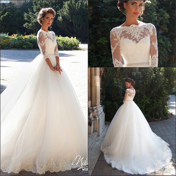 Lace Bateau Neck A-line Wedding Dresses Half Sleeves Button Back Beaded Belt Appliques Garden Novia Bridal Gowns