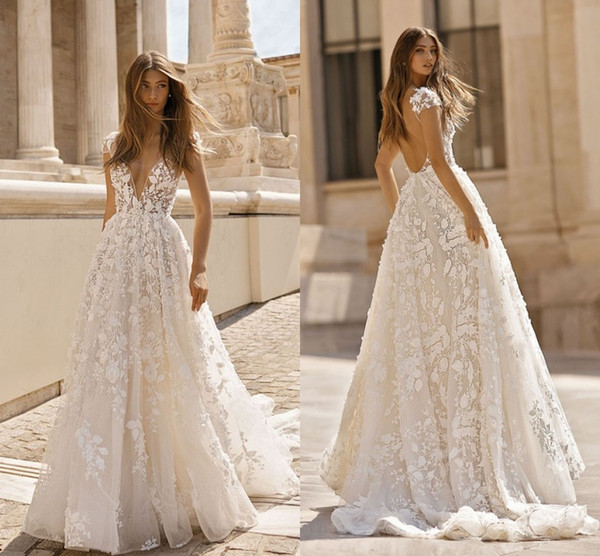 Summer Boho Beach Wedding Dresses A Line Sheer Cap Sleeves Deep V Neck Low Backless Floor Length A Line Bridal Gowns