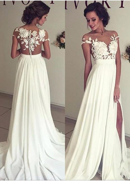 Summer Bohemian Chiffon Wedding Dresses Cheap Sheer Crew Neck Lace Appliques High Split Hollow Back Boho Beach Long Bridal Gowns BA3033