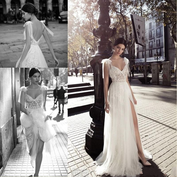 New Designed A Line Wedding Dresses Sheer Tulle V Neck with Side Split Floor Length Lace Tulle Backless Bridal Gowns