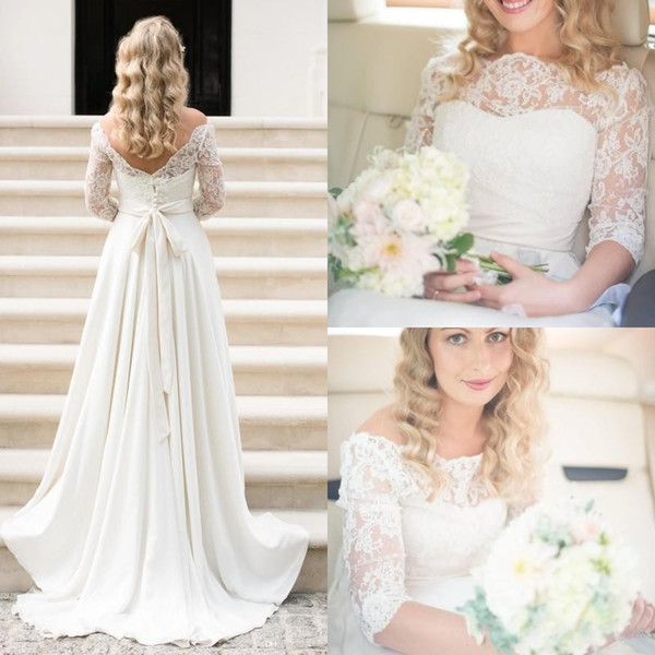 New Summer Boho Cheap Beach Wedding Dresses Country Style Bateau Neck Backless Half Sleeves Chiffon A-line Bridal Gowns BC0699