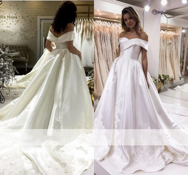 Elegant Satin A Line Wedding Dresses Off-The-Shoulder Long Formal Bridal Gowns Lace Appliques Sweep Train Robe de mariee