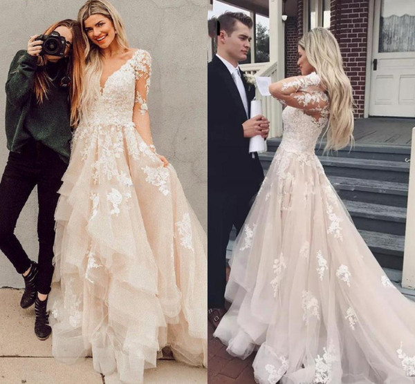 Champagne Wedding Dresses New Arrival Vintage Long Sleeve Appliques V Neck Ruffles Long Bridal Gowns Formal