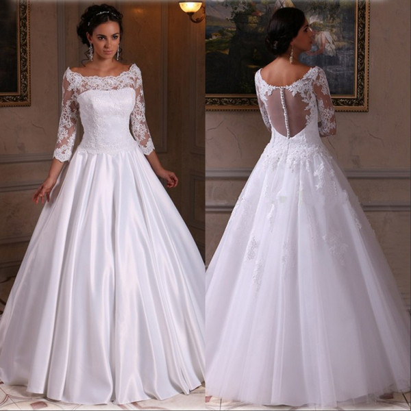 Vintage Sheer Scoop Neck Wedding Bridal Gowns New Appliques 3/4 Long Sleeves Illusion Floor Length Wedding Gowns