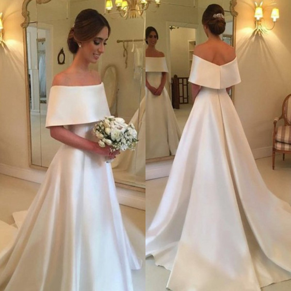 Simple Designed A Line Robe de soriee Bridal wedding Gowns Satin Off Shoulder Sweep Train Wedding Dresses Custom Made