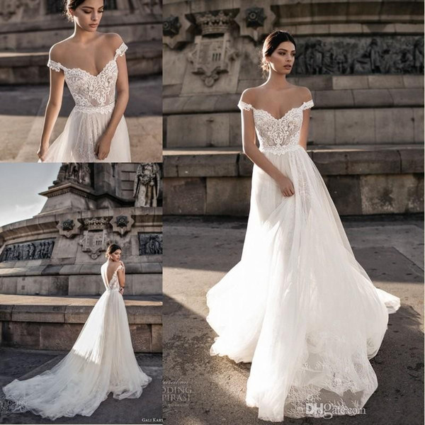 Babyonline Hot Sell Sheer Bohemian Wedding Dresses Off the Shoulder Lace Tulle Sweep Train Backless Bridal Gowns