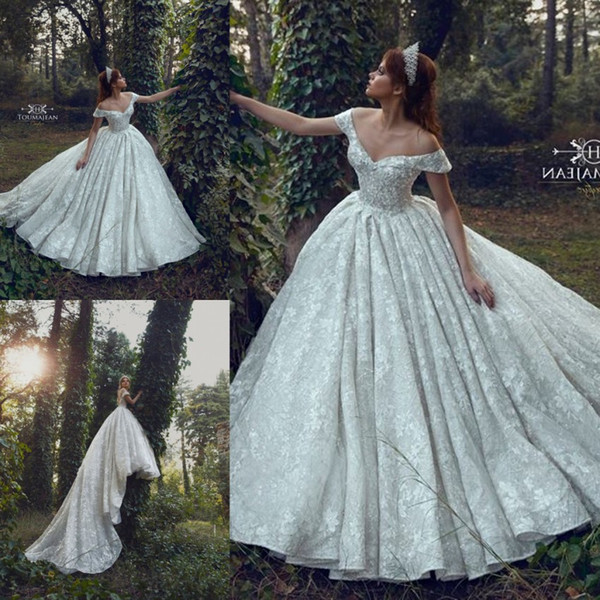 New Arrival Full Lace Wedding Dresses A Line Off Shoulders Sexy Low Cut Back Chapel Train Long Bridal Gowns Formal Arabic BC1015