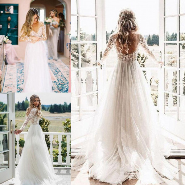 New Spring Summer Boho Tulle Wedding Dresses A Line Sheer Neck Long Sleeves Appliques Floor Length Bohemian Bride Wedding Gowns