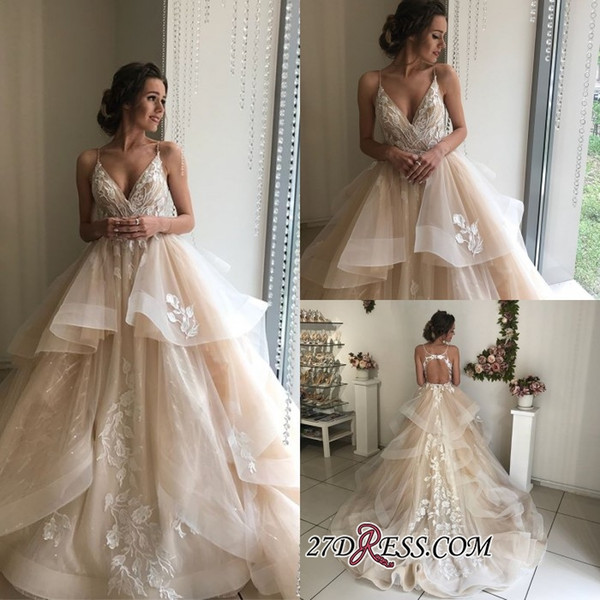 Elegant Champagne Tulle Ruched Skirt Wedding Dresses Keyhole Backless Ruffles Long Bridal Gowns Robe de mariee Appliques