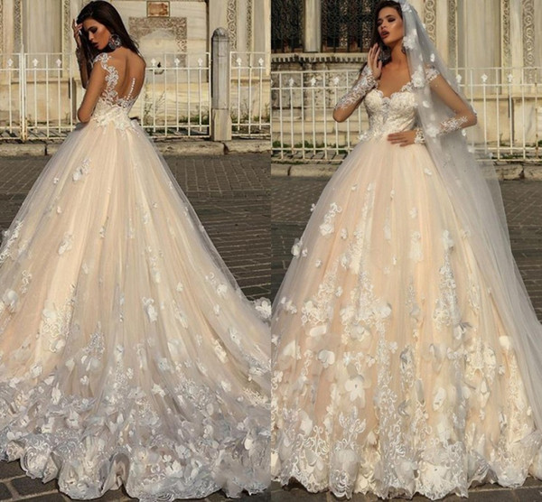 Gorgeous Champagne A Line Wedding Dresses Sheer Long Sleeve Backless With Buttons Appliqued Long Church Bridal Gowns Plus Size