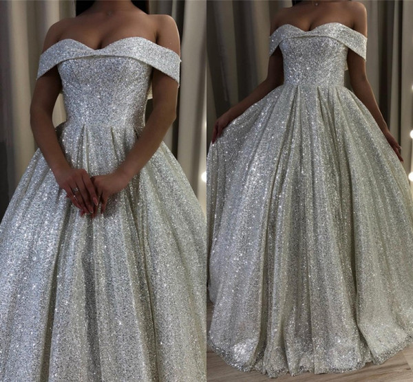 Stunning Glitz Silver Sequined Wedding Dresses A Line Off Shoulder Dubai Arabic Elegant Party Celebrity Gowns