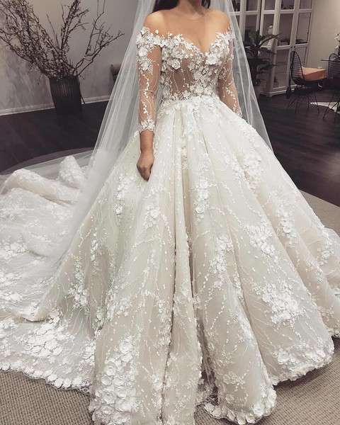 Gorgeous 3D Lace Flowers Appliques Wedding Dresses New Arrival Sheer Off Shoulders Long Sleeves Bridal Gowns Formal Court Train