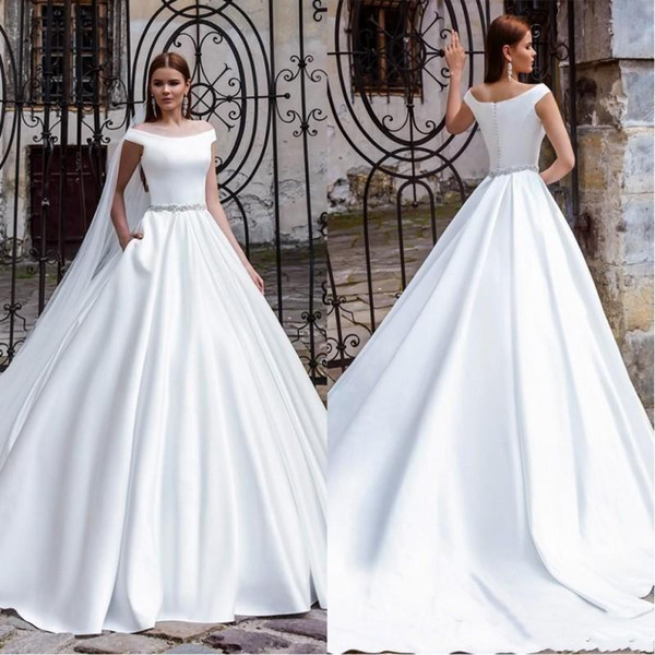 New Arrival Off Shoulder A Line Wedding Dresses Simple Elegant Sash Court Train Bridal Gowns Custom Made Formal