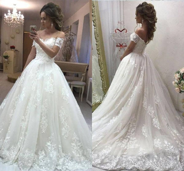 Modern White Wedding Dresses With Elegant Off-shoulders A Line Sweetheart Floor Length Applique Bridal Gowns BC0701