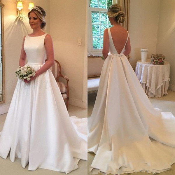 Simple Satin White/Ivory Bridal Wedding Dresses A Line Backless Royal Bridal Gowns Cheap Plus Size