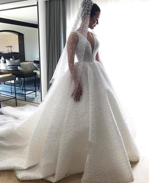 Princess Holy White Beaded Pearls Wedding Dresses Luxury A Line Deep V Neck Church Bridal Gowns